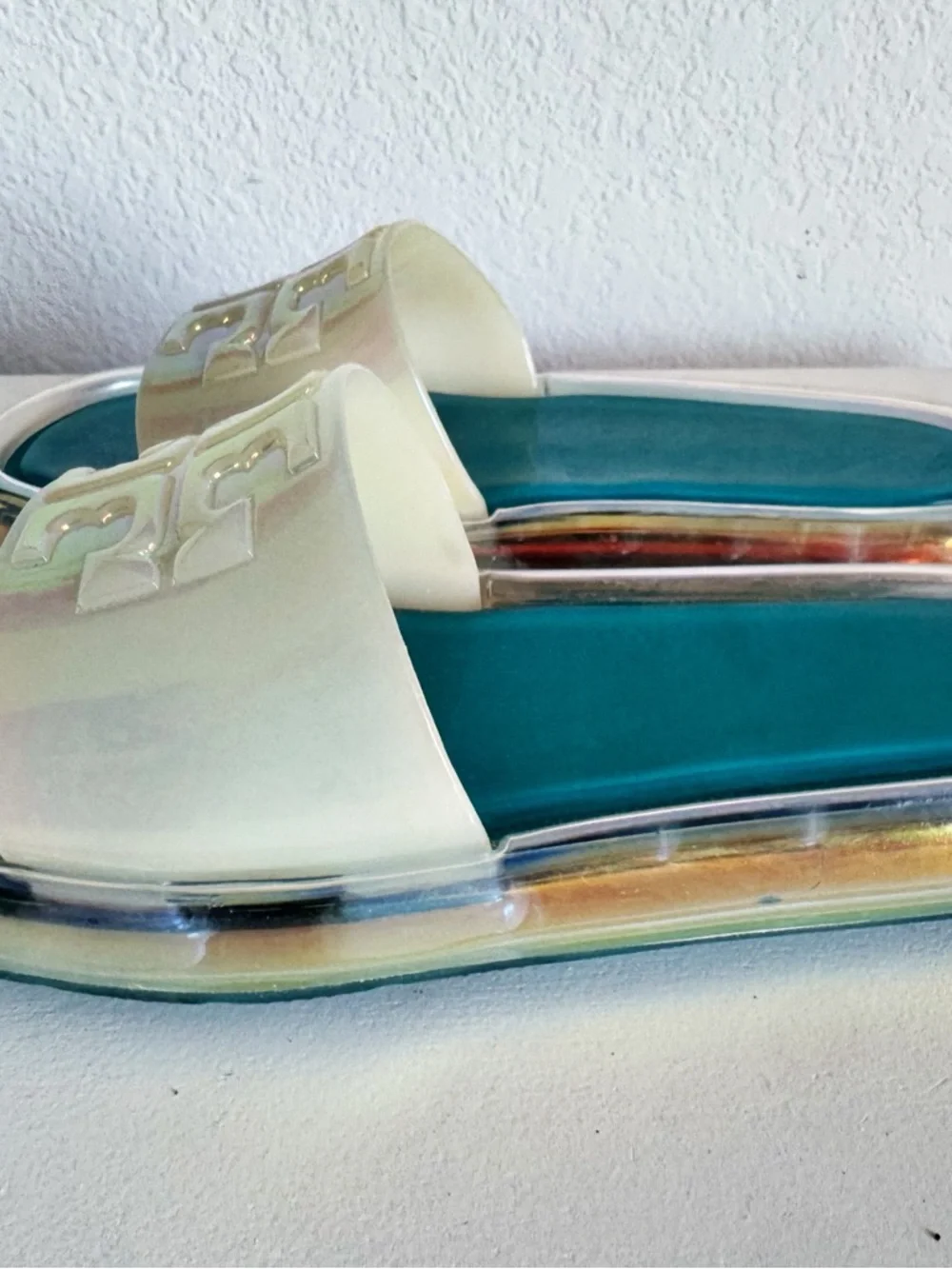 Nice Tory Burch Bubble Jelly Slides Size 9 Teal & White Iridescent